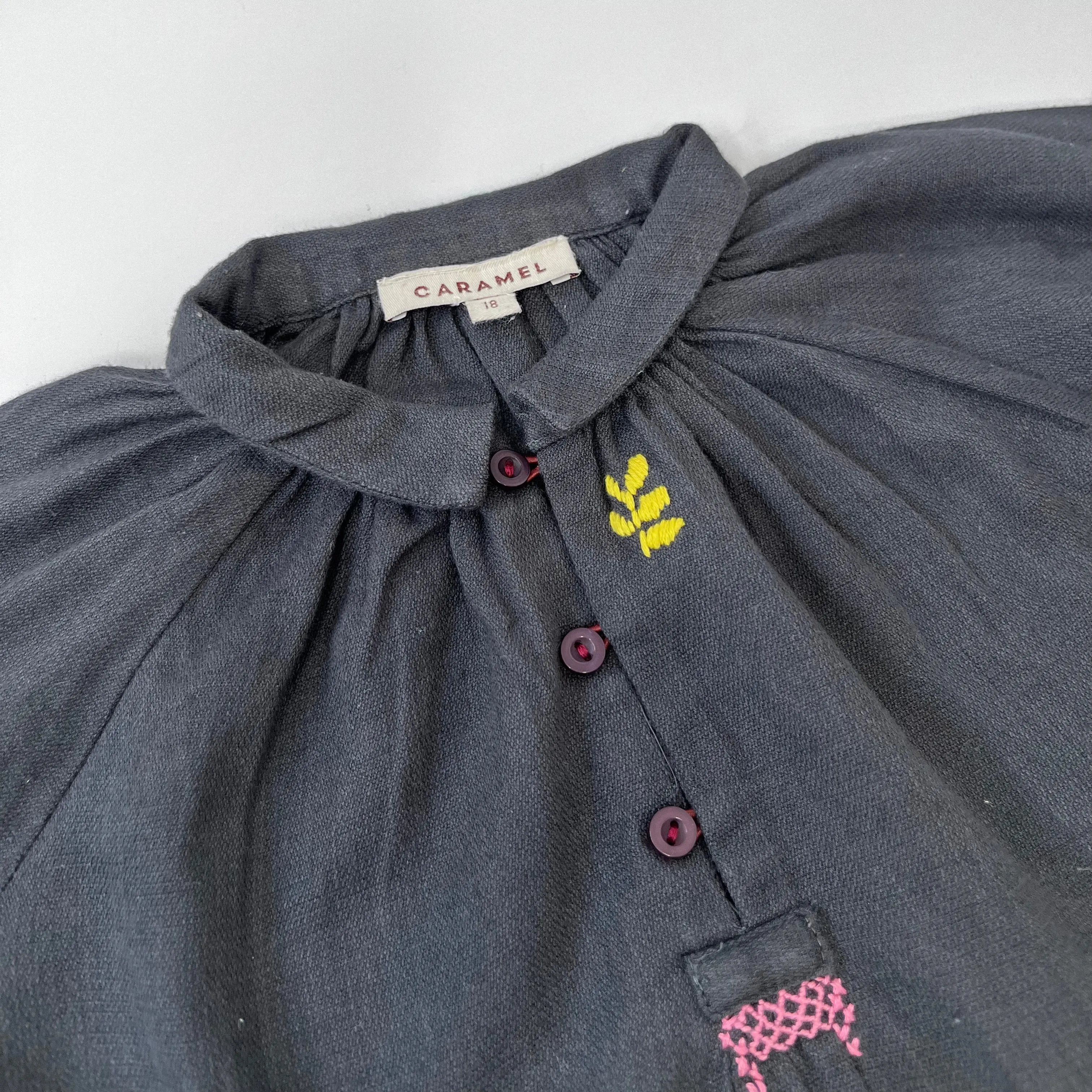 Caramel Dark Grey Brushed Cotton Blouse With Embroidery: 18 Months