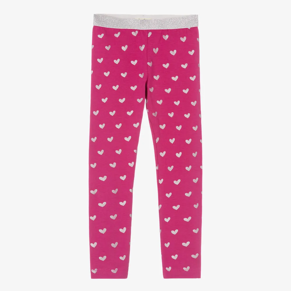 Girls Pink Cotton Glitter Heart Leggings