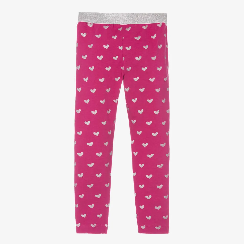 Girls Pink Cotton Glitter Heart Leggings