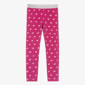 Girls Pink Cotton Glitter Heart Leggings