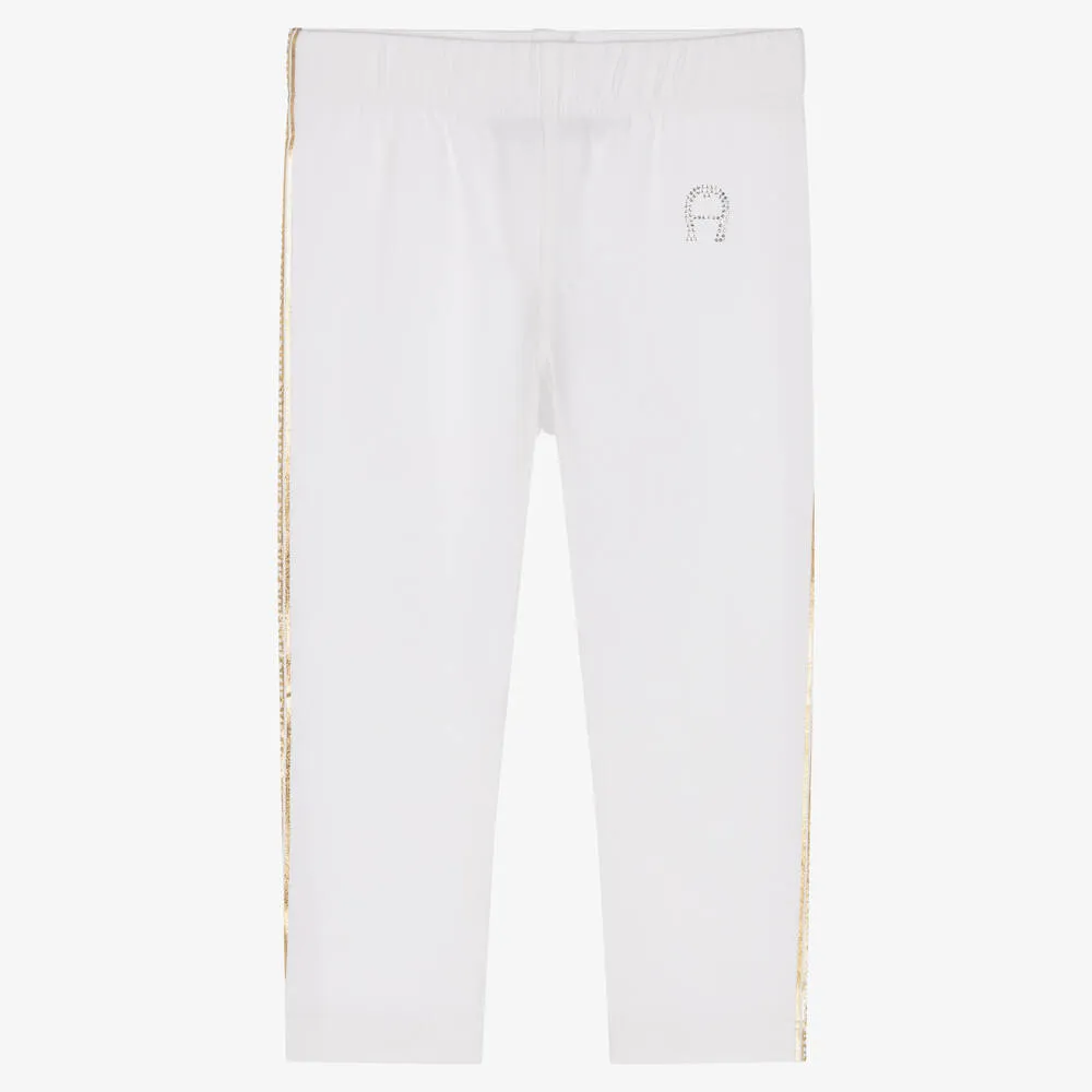 Girls White Cotton Logo Leggings