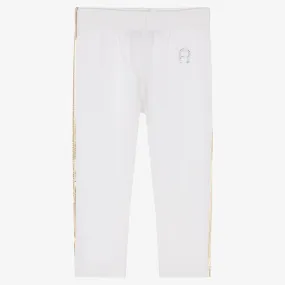 Girls White Cotton Logo Leggings