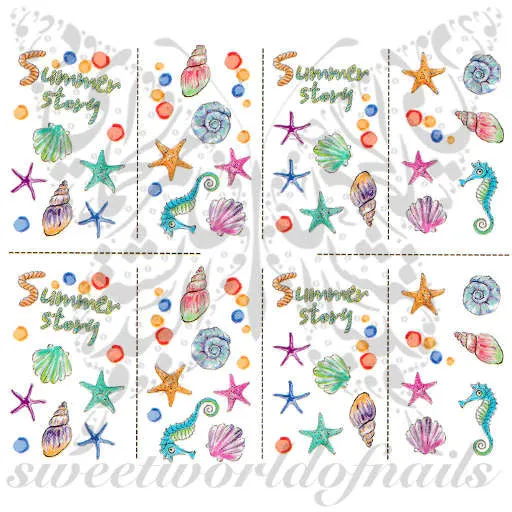 Summer Nail Art Seahorse Starfish Beach Nail Water Decals Slides