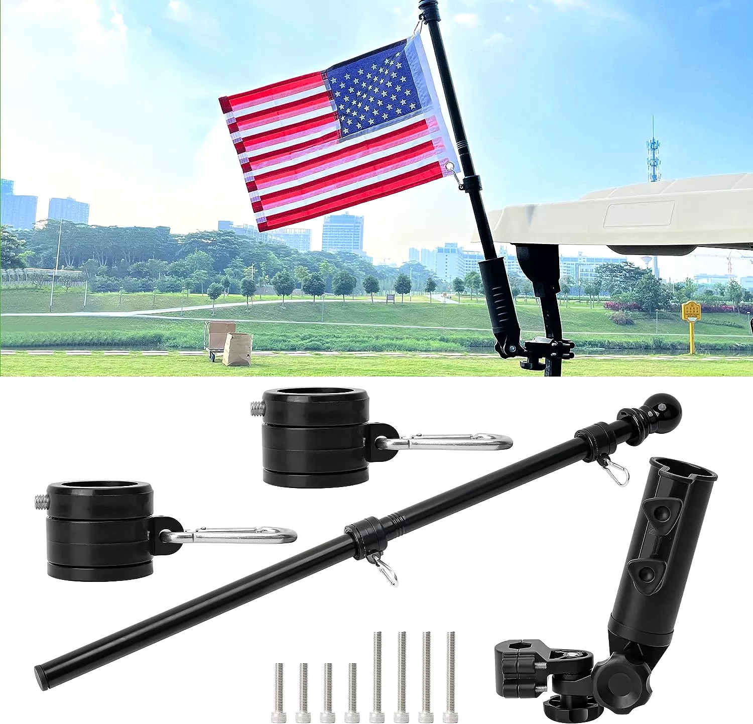 Universal golf cart flag stand flagpole kit with embroidered American flag - 10L0L